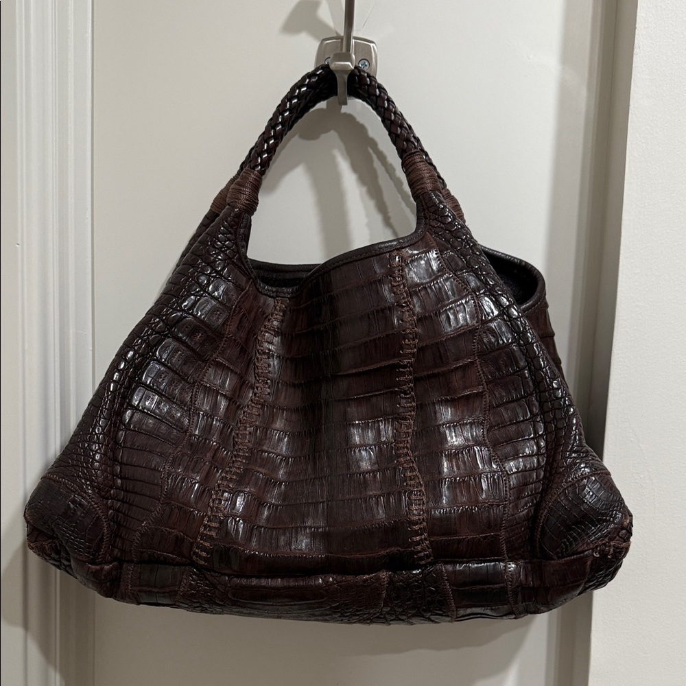 Carlos Falchi Dark Brown Crocodile-Embossed Hobo Bag